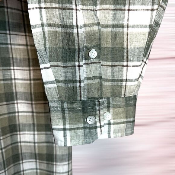 The Men’s Store Bloomingdale’s Linen Shirt Button Up Long Sleeve Green Plaid XL - Picture 7 of 9
